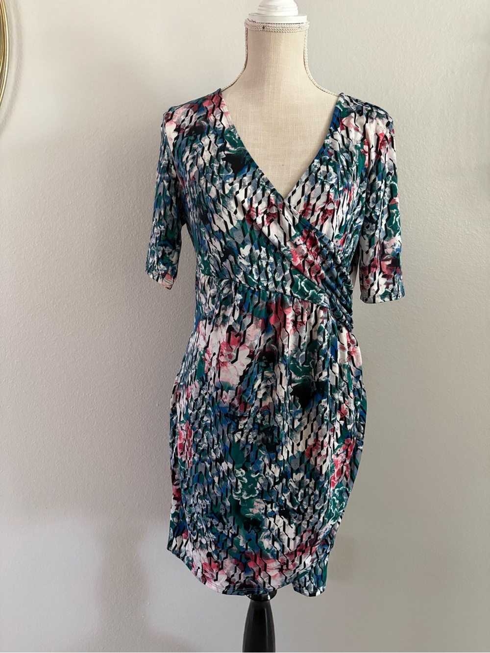 JustFab Abstract Floral dress in Teal, Navy & Pink